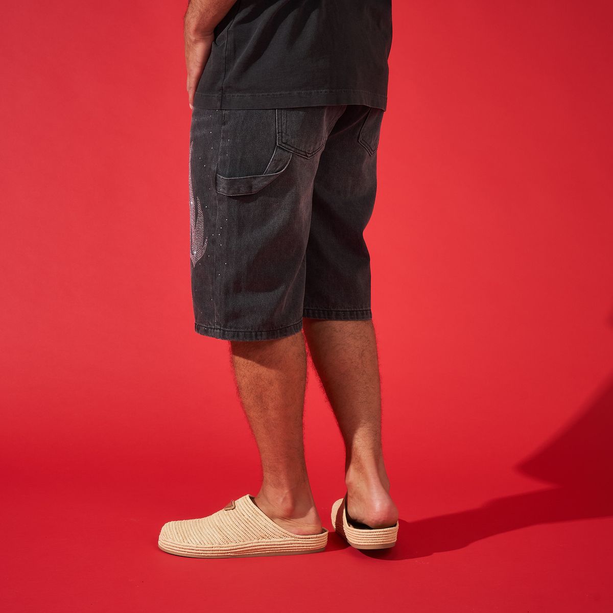 Duaa "thriving" Flame Stone Denim Shorts - GREY