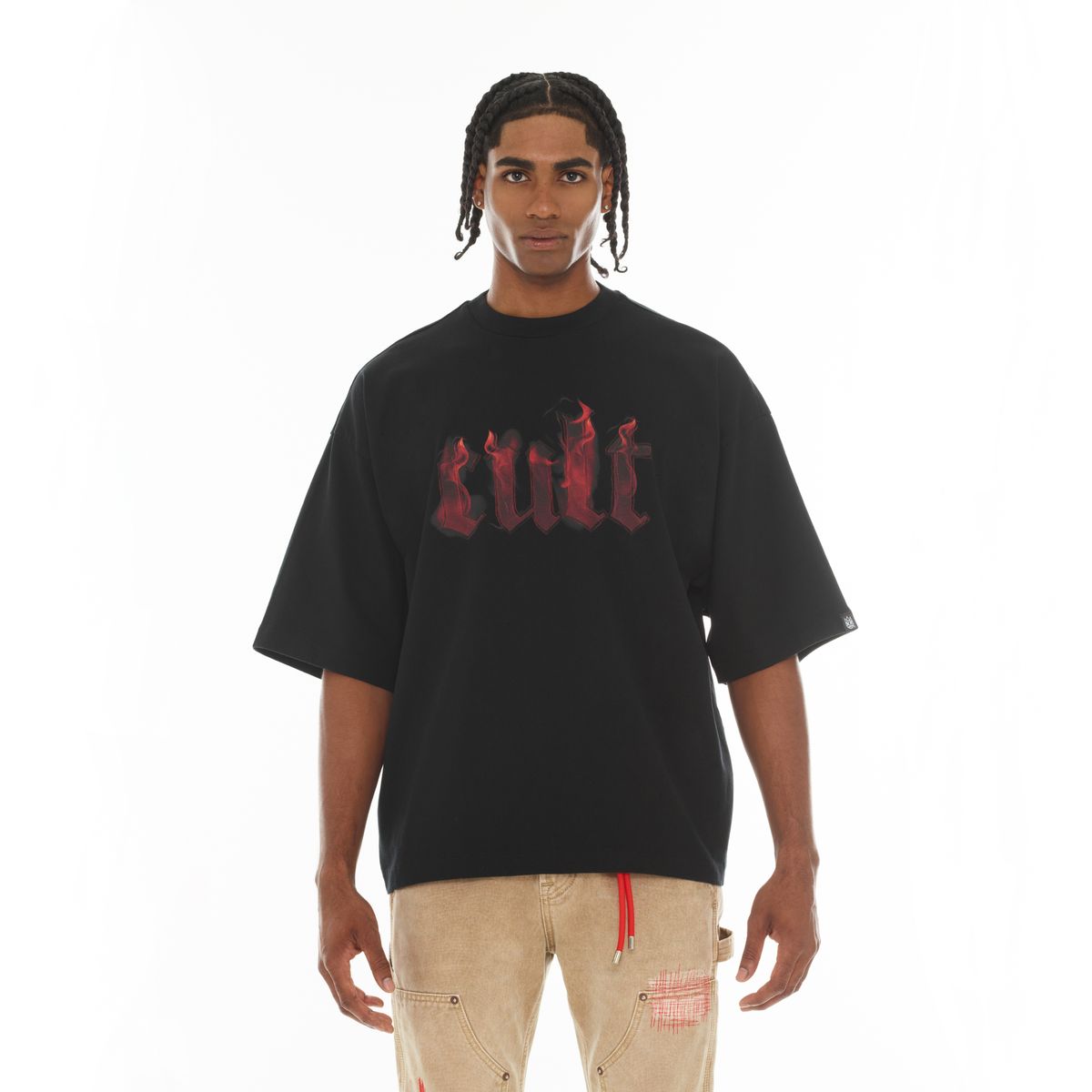Cult Flame Logo Oversized Short Sleeve Tee - BLACK/RED