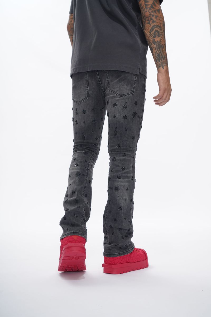 Valabasas Holiday Flower Stacked Jeans - BLACK