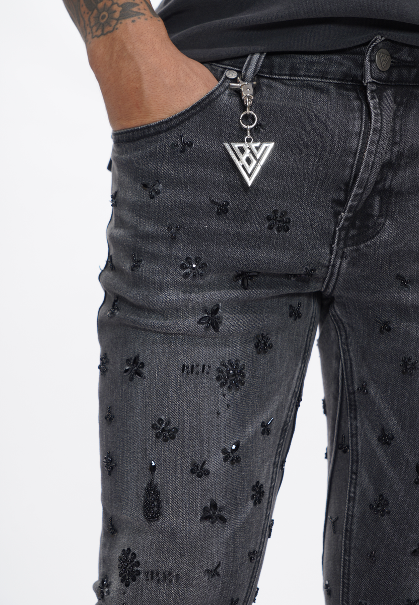 Valabasas Holiday Flower Stacked Jeans - BLACK