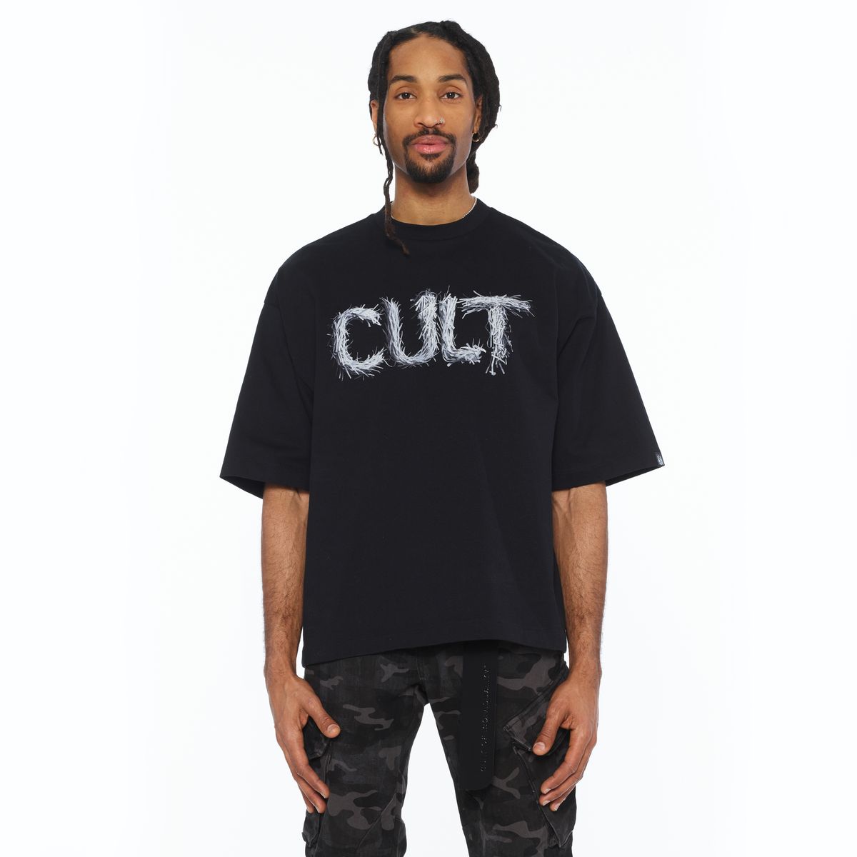 Cult "Shredded" Boxy Oversized Fit Tee - BLACK