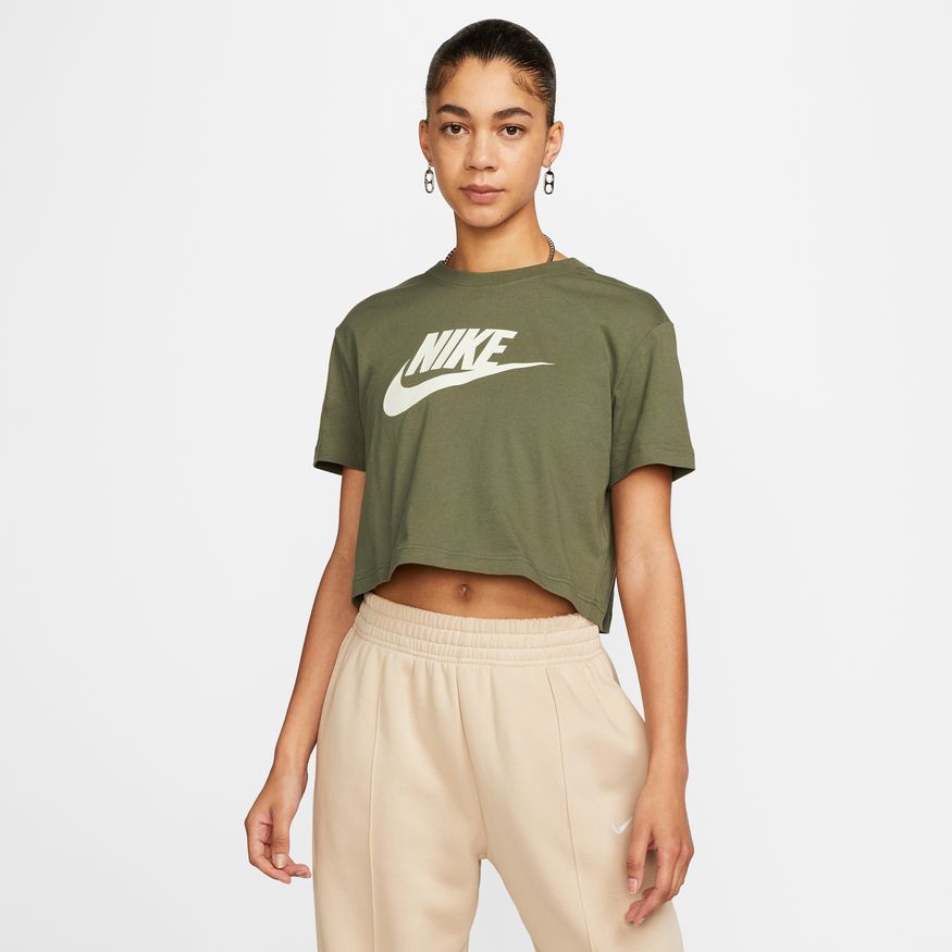 Nike Sportswear Essential Women\'s Cropped - MEDIUM Official Site Nation - - Logo Civilized OLIVE/ T-Shirt